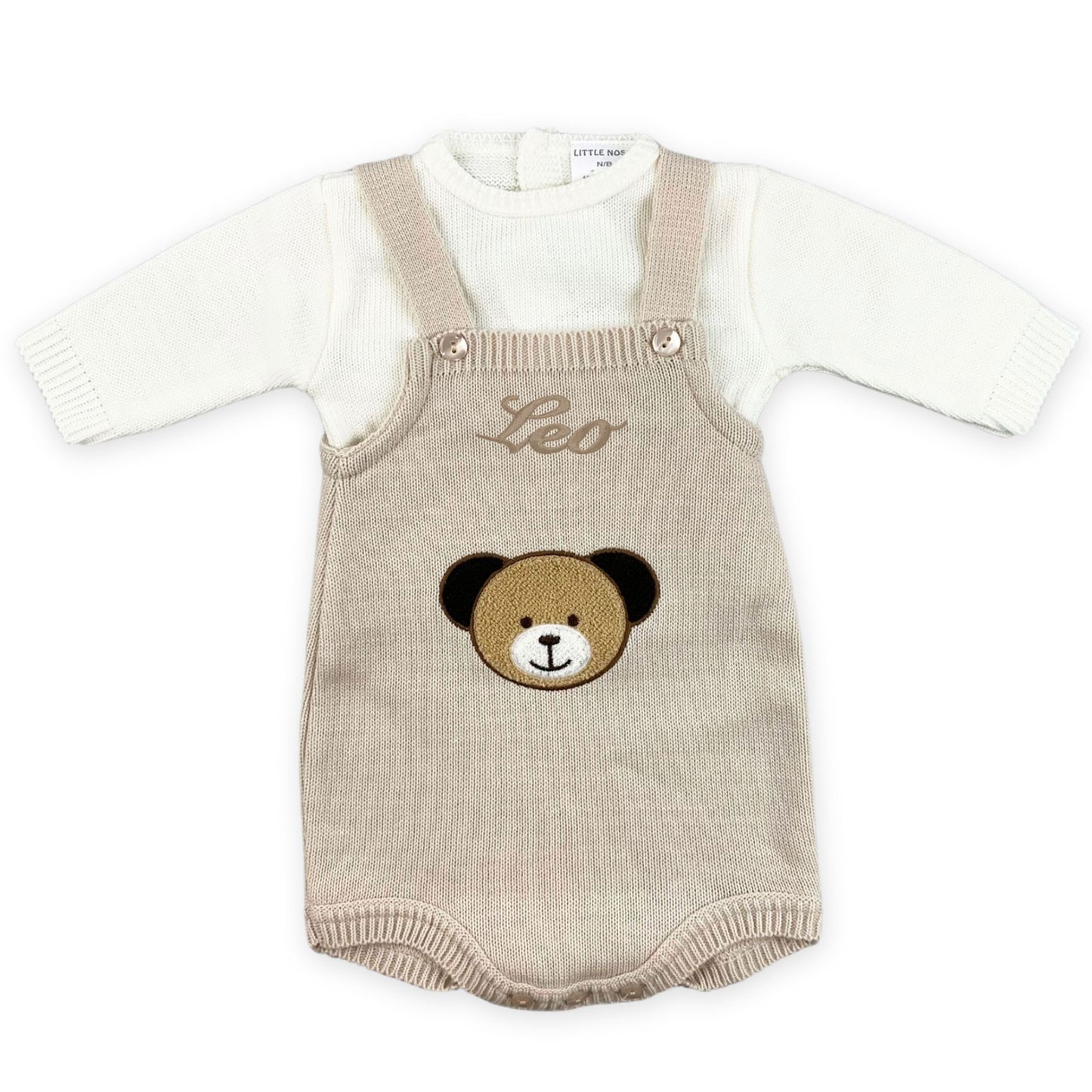baby boys peresonalised bear dungaress and top outfit beige