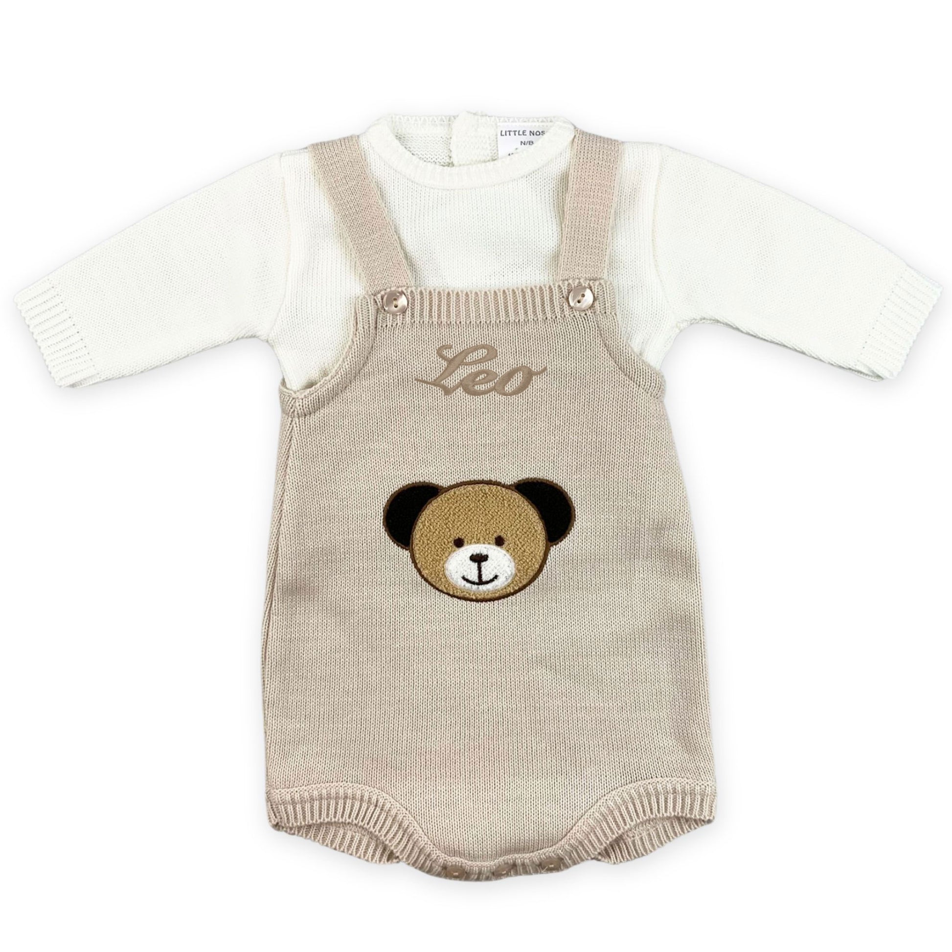 baby boys peresonalised bear dungaress and top outfit beige