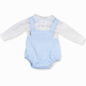 baby boys two piece blue outfit shirt and romper with braces