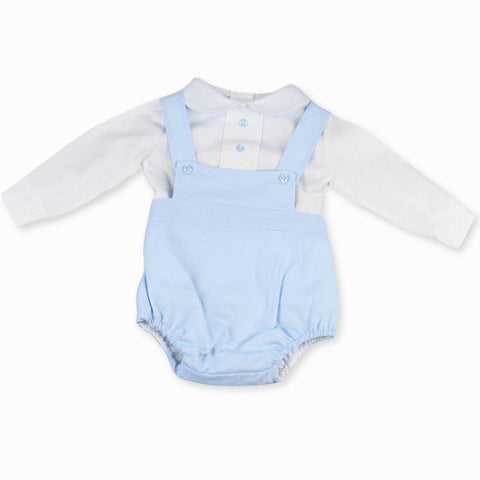 baby boys two piece blue outfit shirt and romper with braces