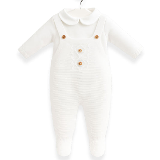 White Baby Unisex Cable Knitted Dungarees and Jumper