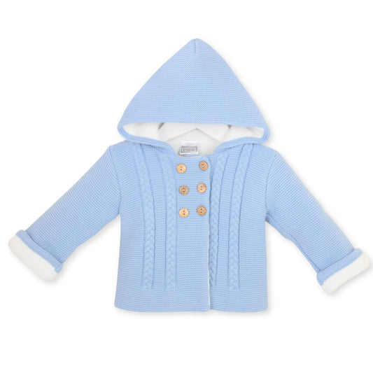 baby boys blue chuny knitted cardiga with hood by pex brand