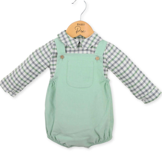 baby boys green romper and checked shirt by baby brand pex