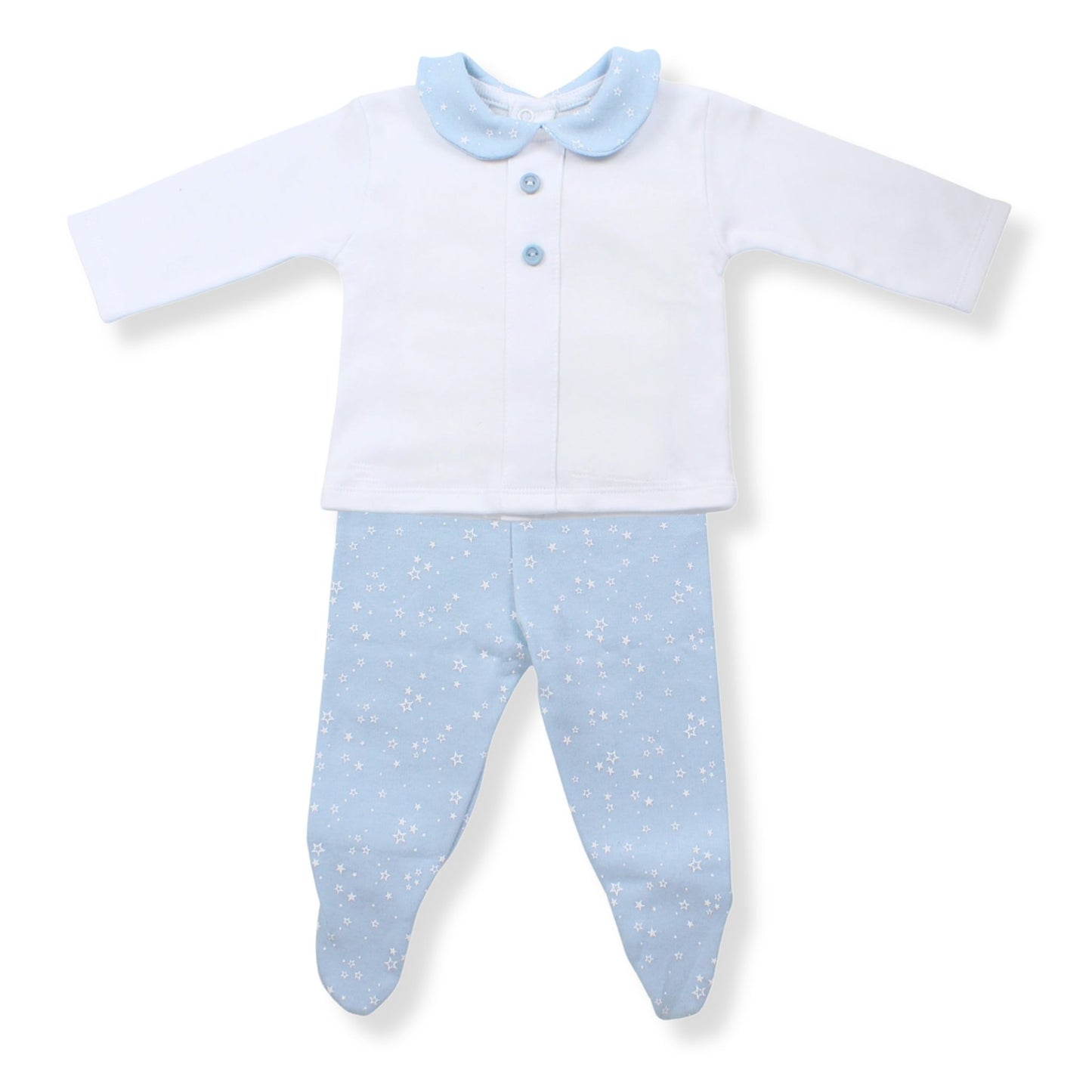 Baby outfit with white top and blue pants on a white background