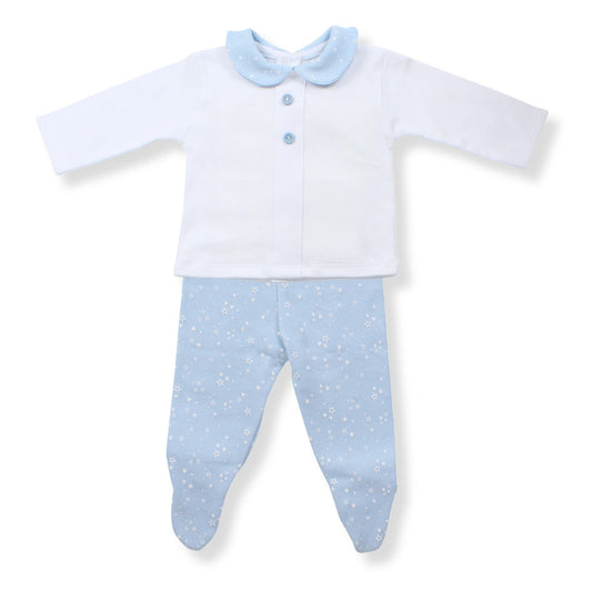 Baby outfit with white top and blue pants on a white background