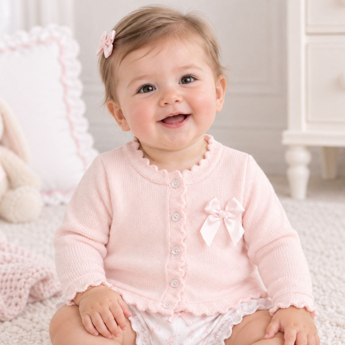 A smiling baby girl sitting on a white textured rug, wearing a light pink long-sleeve button-front cardigan with scalloped edges, a white bow on the chest, white diaper cover, and white knit booties. A plush bunny toy and a white dresser are visible in the softly lit nursery background.