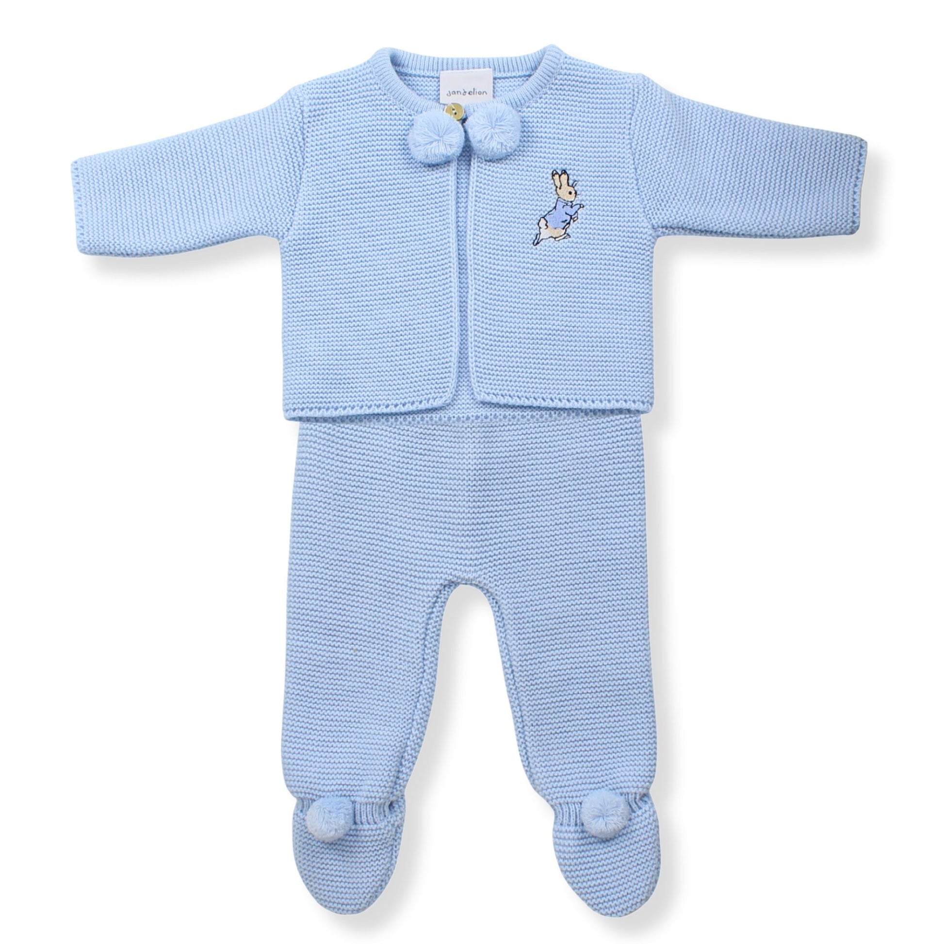 baby boys knitted 2 piece utfit with pom poms in a spanish style with pom poms and rabbit embroidery