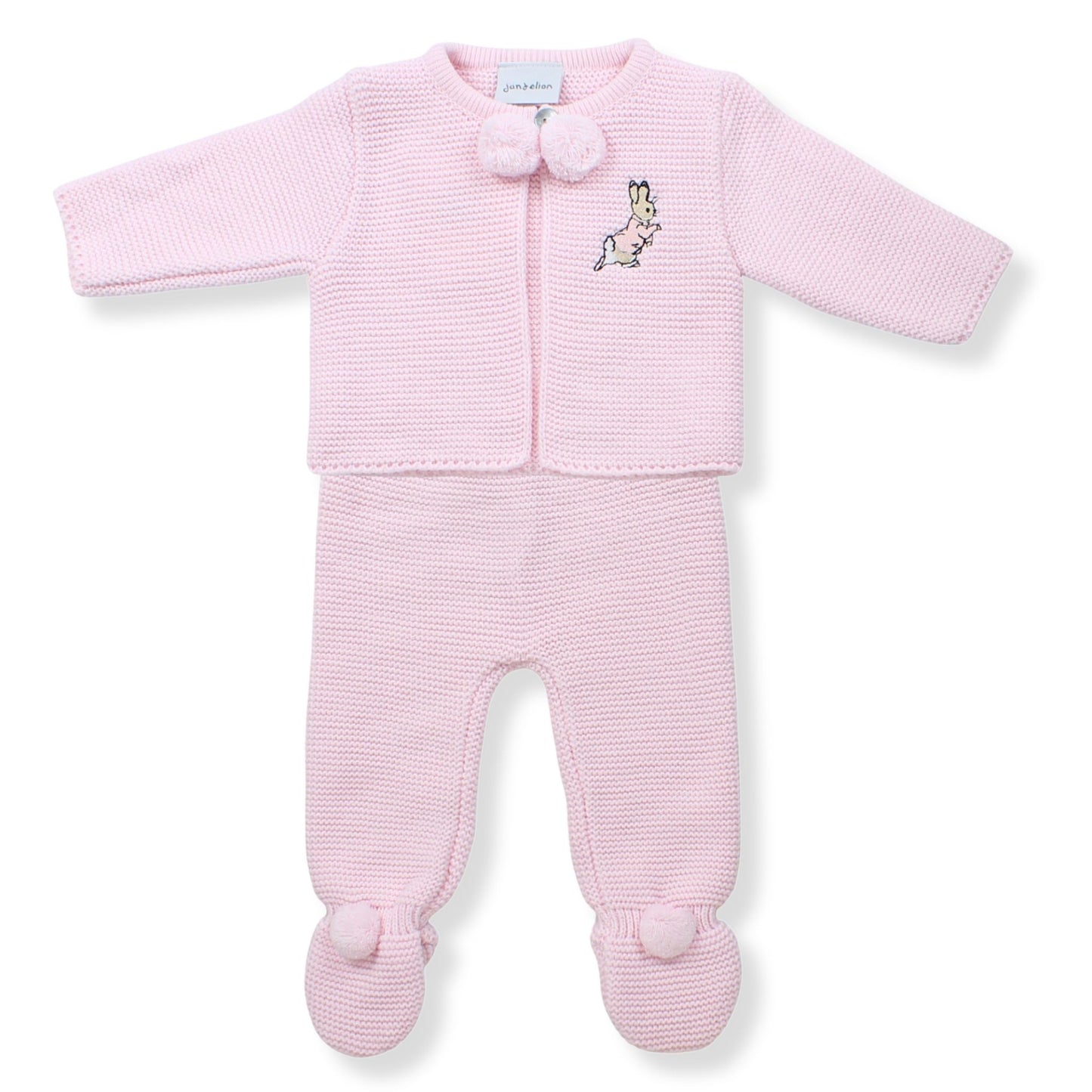 pink baby girls knitted pramsuit in spanish stye with embroidered rabbit
