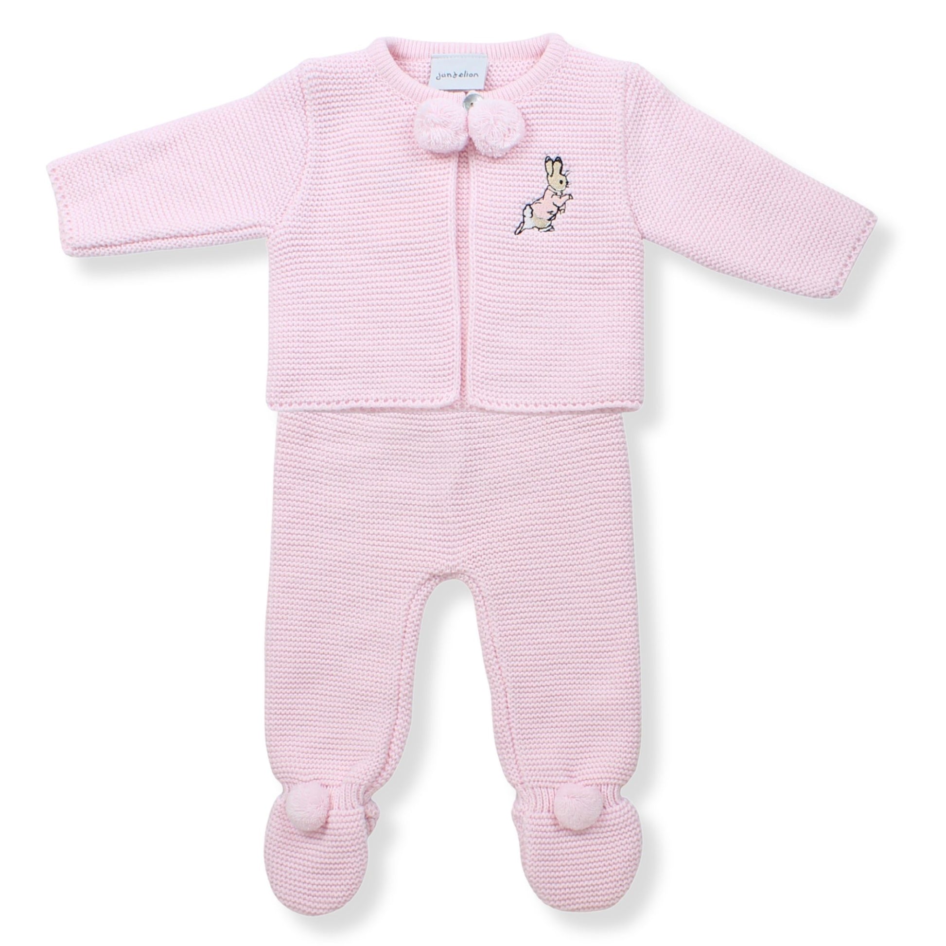 pink baby girls knitted pramsuit in spanish stye with embroidered rabbit
