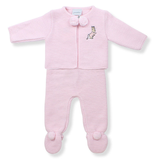 pink baby girls knitted pramsuit in spanish stye with embroidered rabbit
