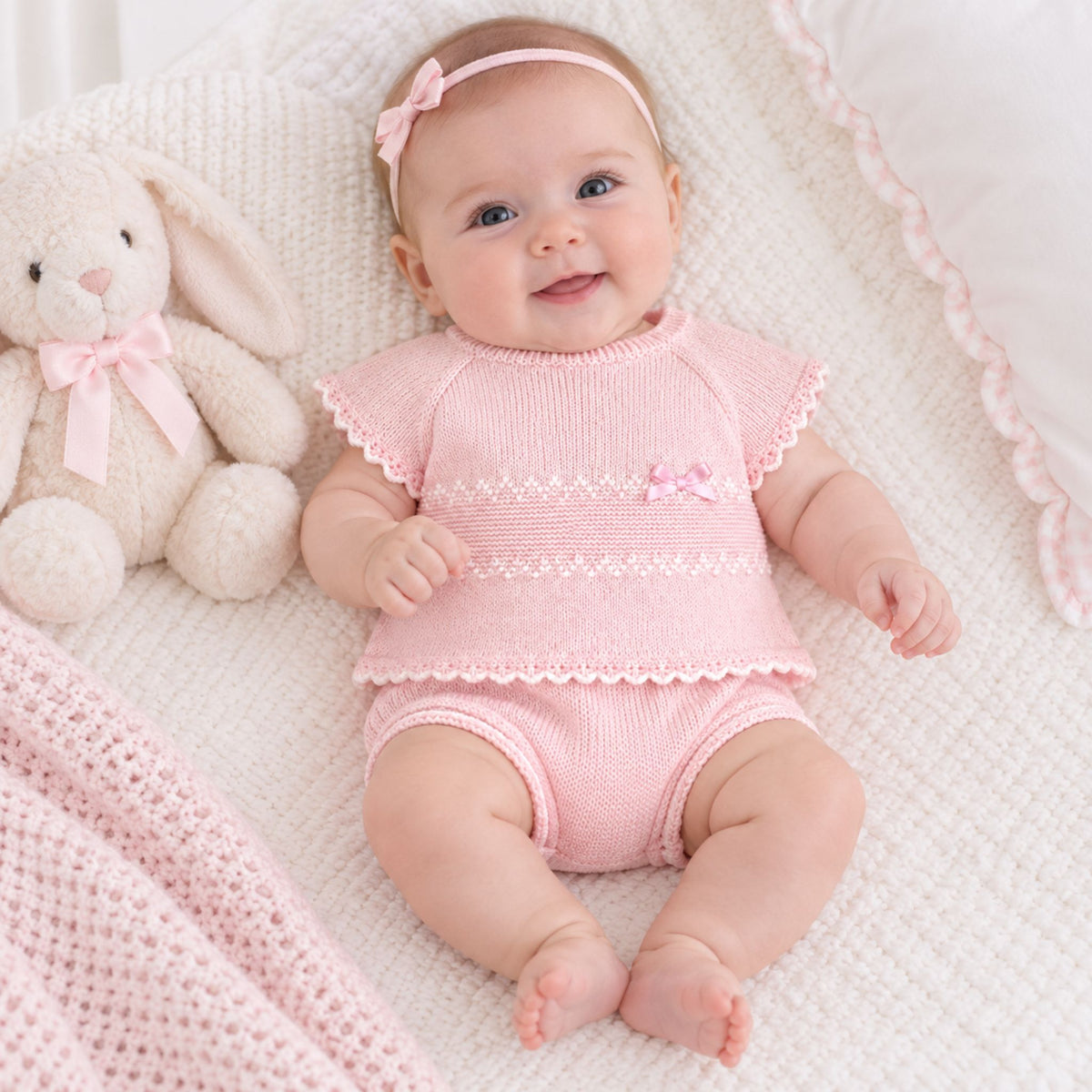baby girls pink knitted two piece with satin bow detail