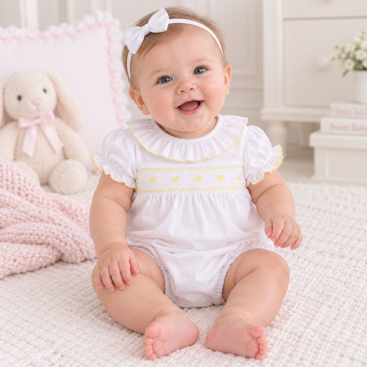 A smiling baby girl wearing a white short-sleeve romper with yellow embroidered hearts and a ruffled collar, sitting on a textured cream rug in a bright nursery setting.