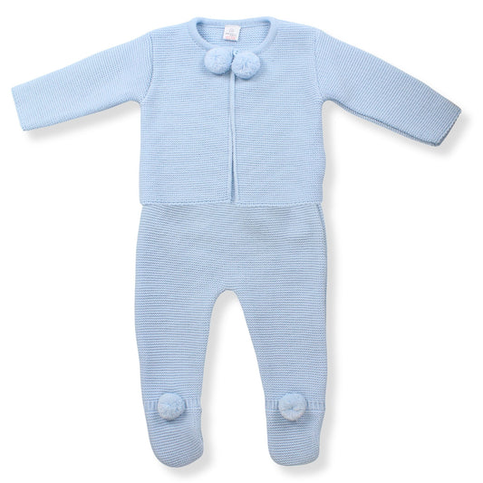 baby boys knitted 2 piece pram suit in blue spanish stye