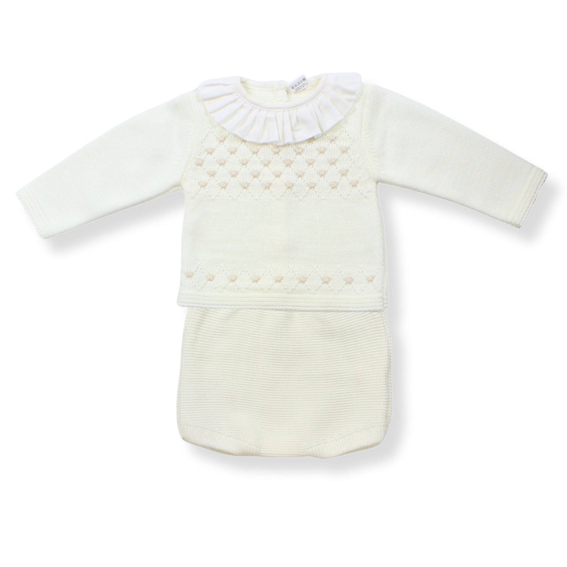 White baby outfit with ruffled collar on a white background