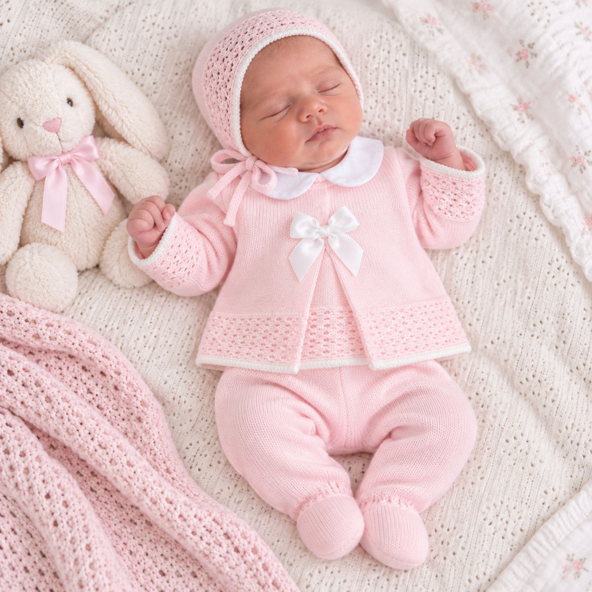 baby girl in knitted newborn pink three piece outfit with white satin bow 