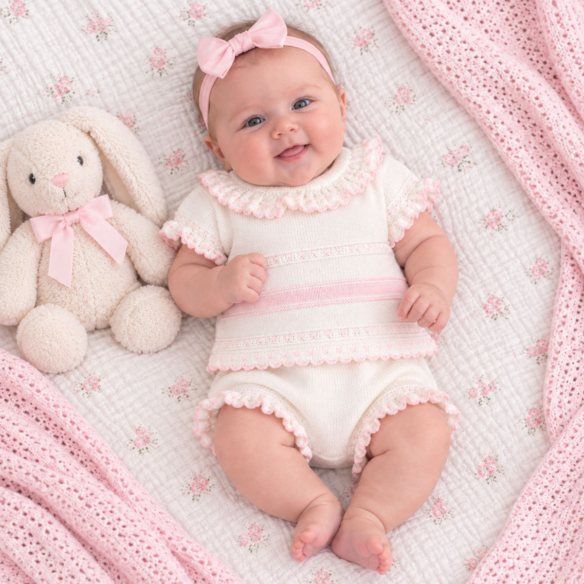 White baby romper with pink trim on a white background