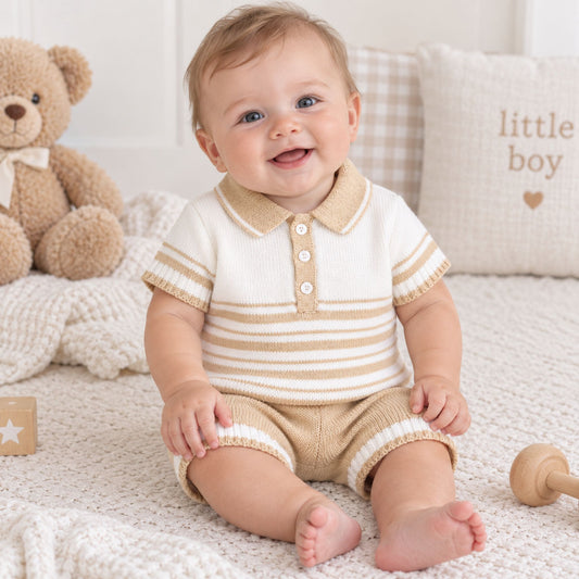 baby boy knitted two piece outfit in white and beige