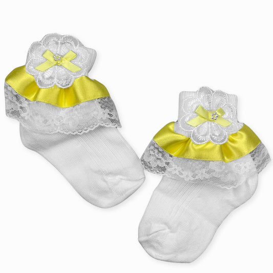 Baby Girl Fancy lace satin yellow bow white ankle socks.