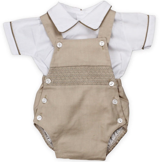 baby boys two piece beige and white outfit