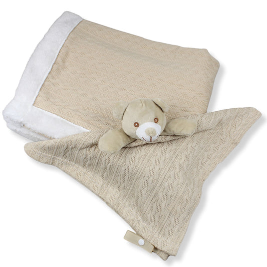 Beige Teddy Comforter & Blanket Set – Soft Knitted Design with Plush Lining