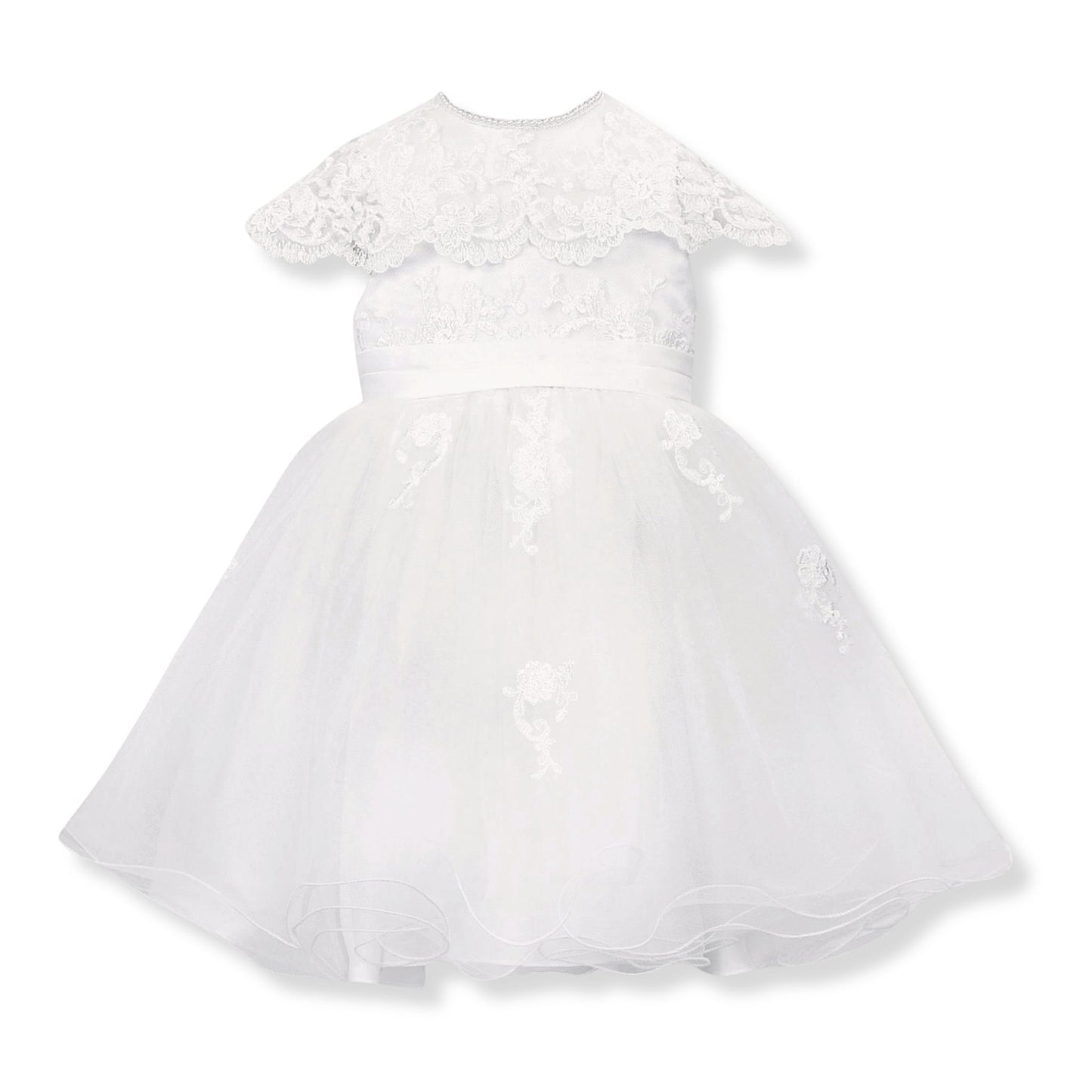 Sarah Louise Baby Girls White Christening Dress with Lace & Tulle Skirt (070088)