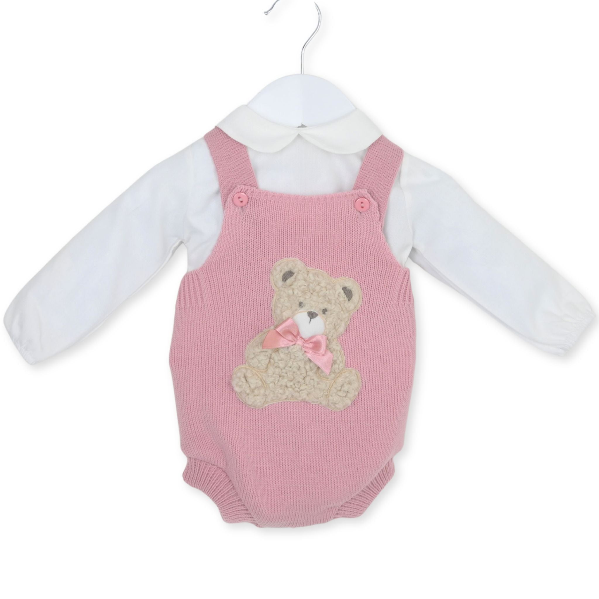 Baby Girls Knitted Two Piece Outfit - with Fleecy Bear - Pink