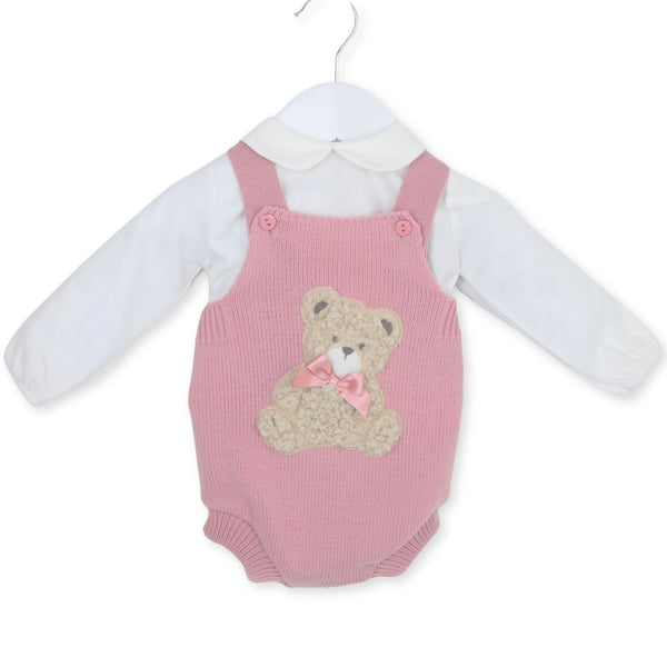 Baby Girls Knitted Two Piece Outfit - with Fleecy Bear - Pink