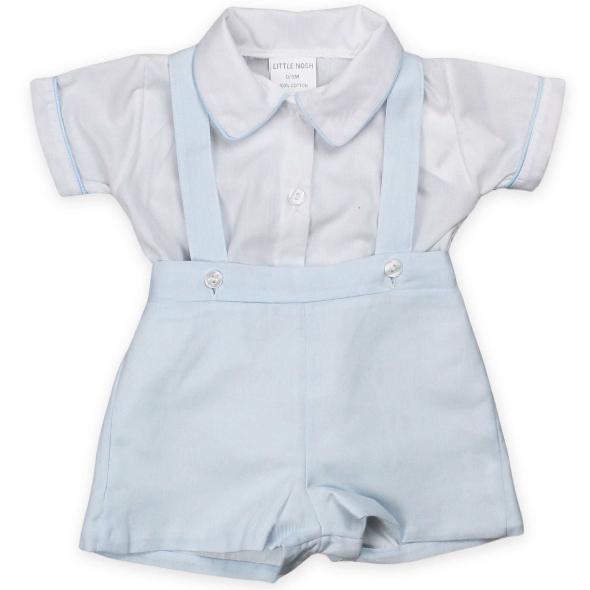 baby boys blue shorts with white shirt and braces