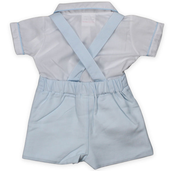 baby boys blue shorts with white shirt and braces