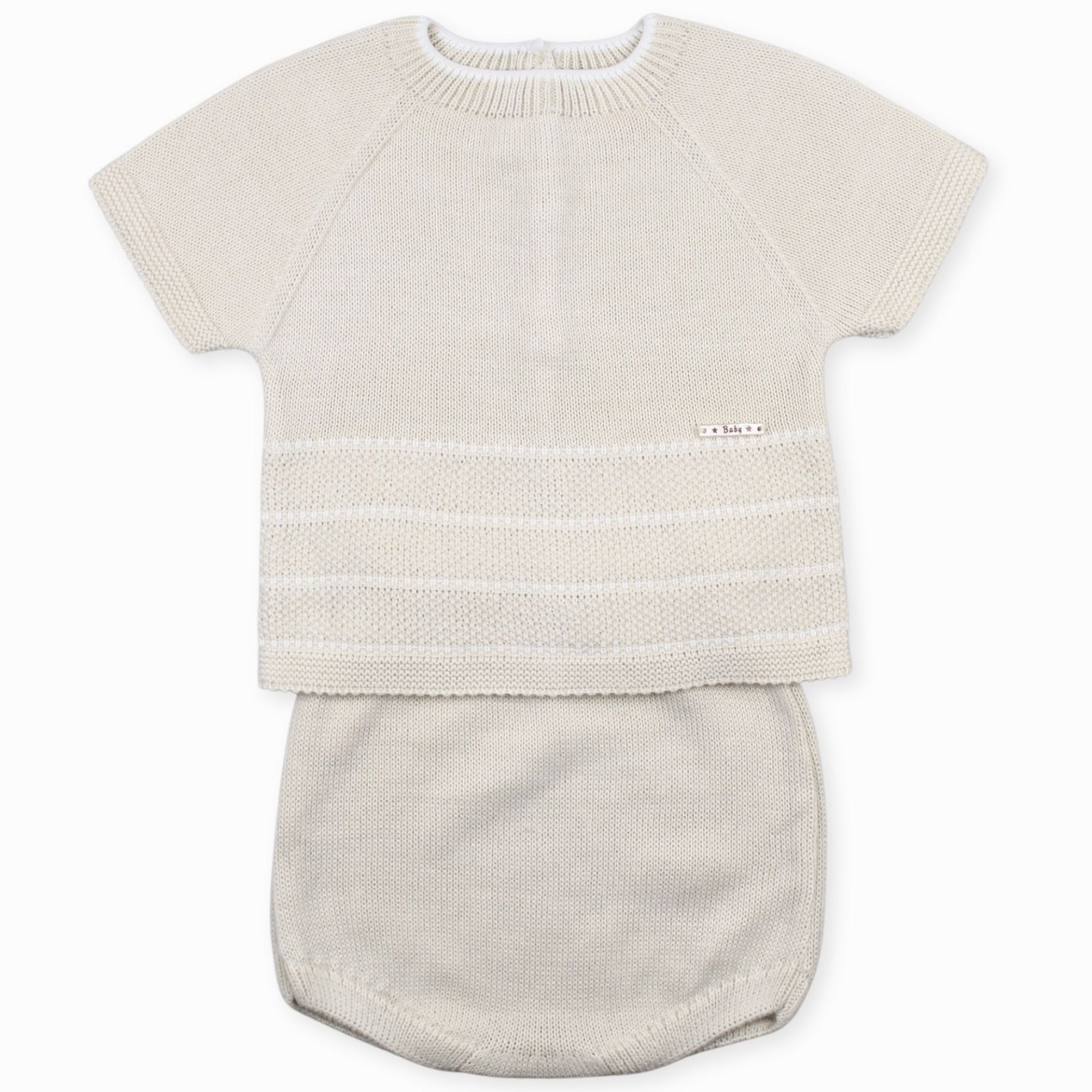 beige velour knitted two piece striped outfit
