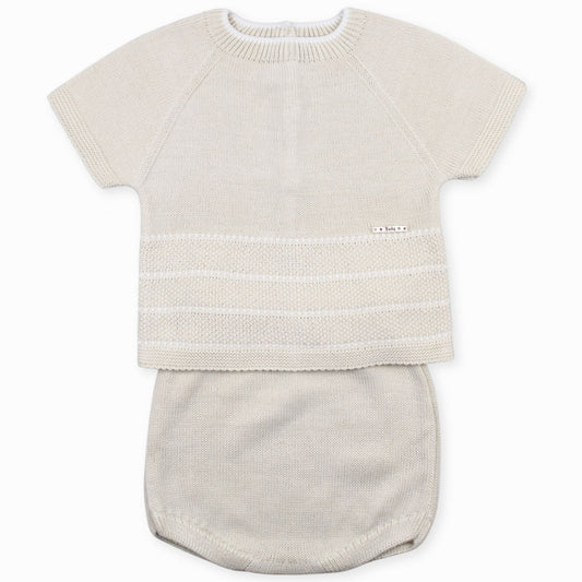 beige velour knitted two piece striped outfit