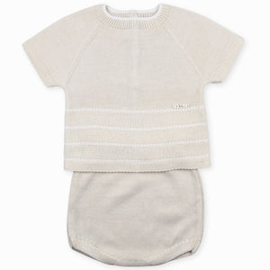 beige velour knitted two piece striped outfit
