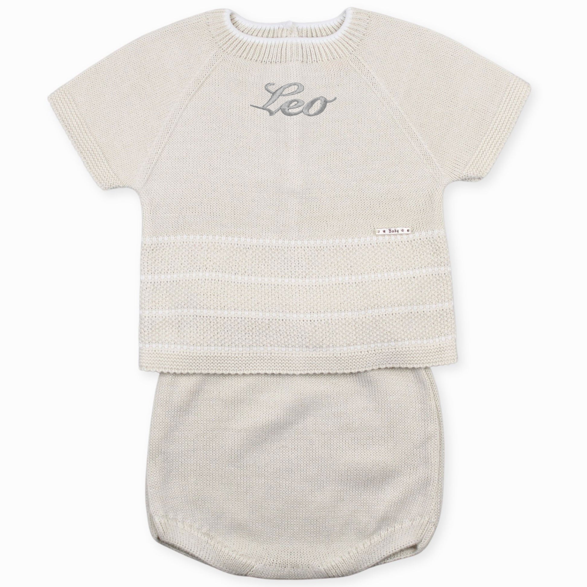 baby boys beige summer knit personalised two piece outfit embroidery