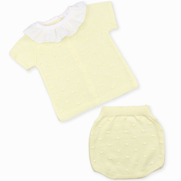 baby girls yellow and white two piece knitted outfit