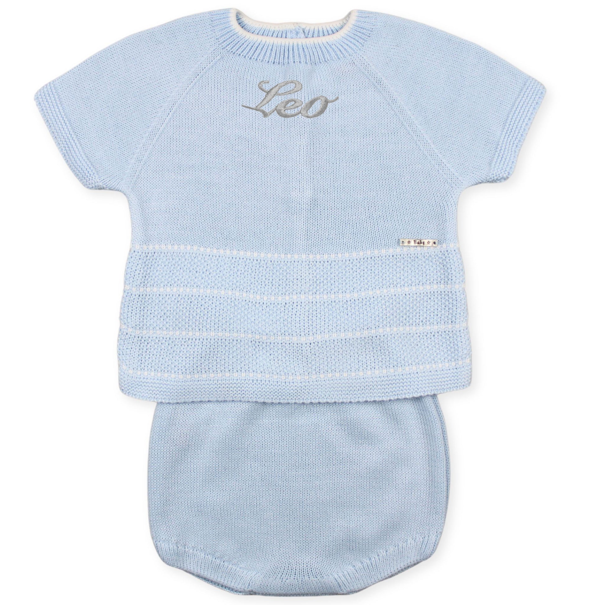 baby boys personalised knitted blue two piece outfit