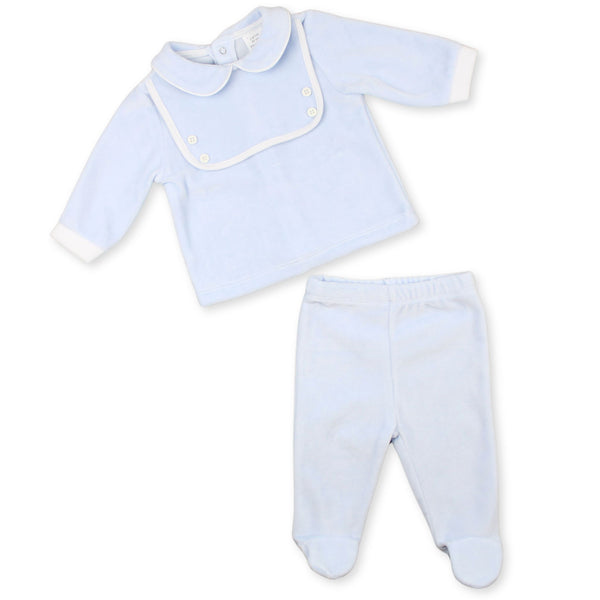 Baby Boys Blue Velour Two Piece Outfit with Peter Pan Collar – Made in Portugal