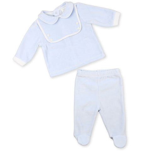 Baby Boys Blue Velour Two Piece Outfit with Peter Pan Collar – Made in Portugal