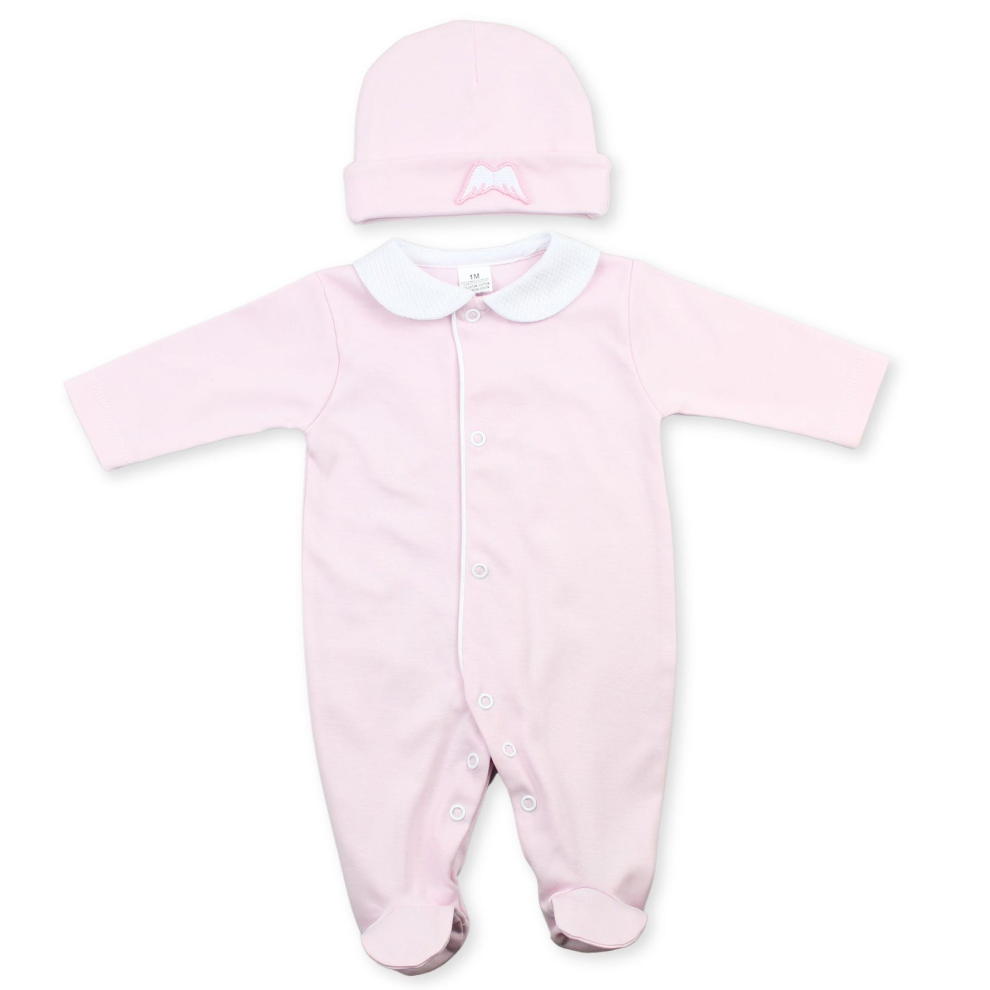 baby girls cotton sleepsuit pink with angel wings and hat.