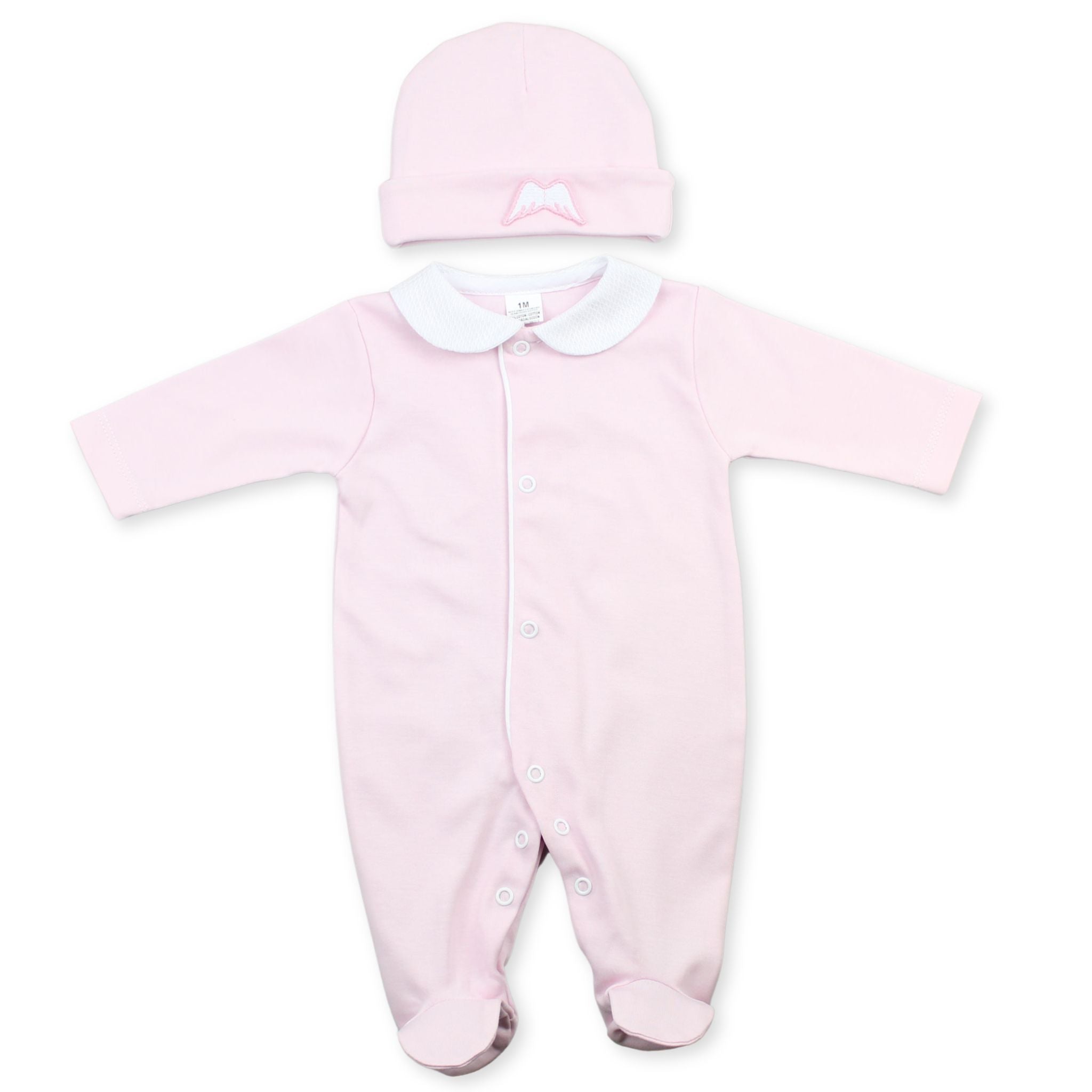 baby girls cotton sleepsuit pink with angel wings and hat.