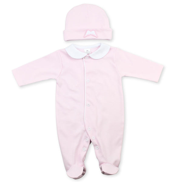 baby girls cotton sleepsuit pink with angel wings and hat.