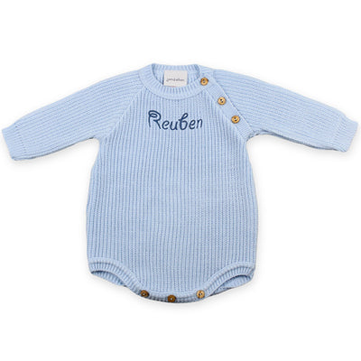 Personalised Baby Boys Blue Knitted Baby Romper – Dandelion