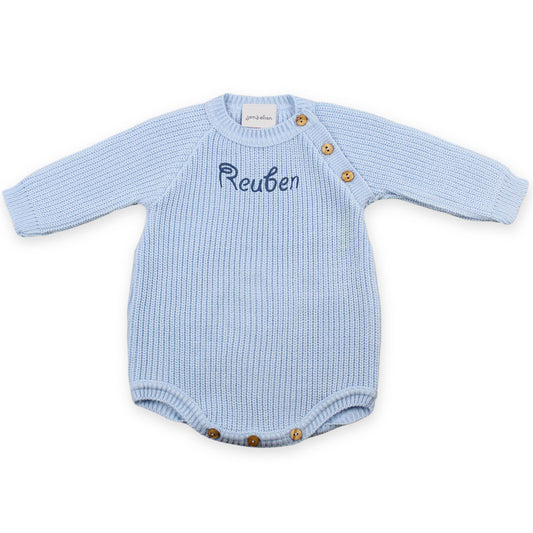 knitted baby boys blue personalised romper