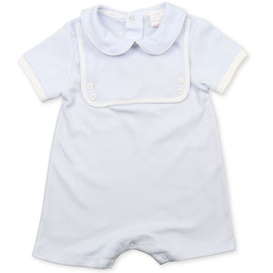 baby boys blue romper mock bib