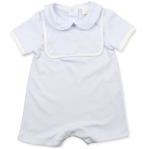 baby boys blue romper mock bib