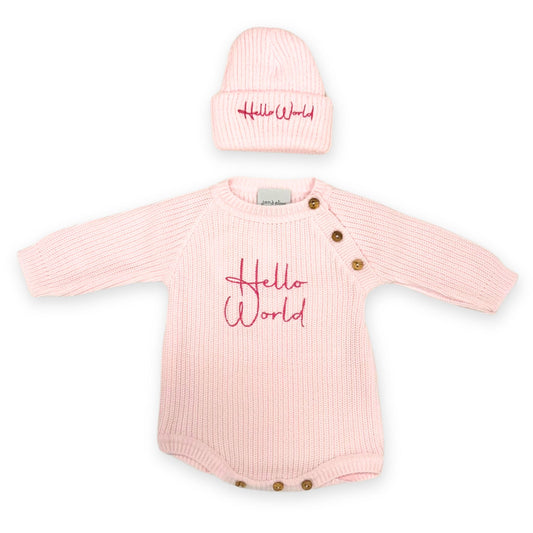 baby girls knitted two piece hat and romper hellow world newborn