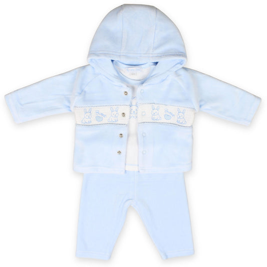 baby boys three piece velour outfit bunny embroidery