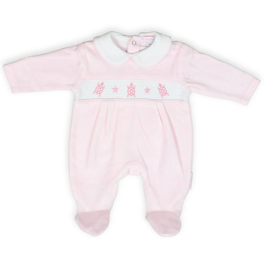 baby girls pink velour sleepsuit with embroidered tortoise smocking