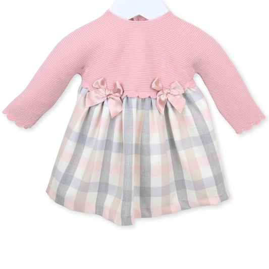 Dusky Pink Knitted Baby Girl Dress with Pastel Check Skirt & Satin Bows – Elegant 2-Piece Look