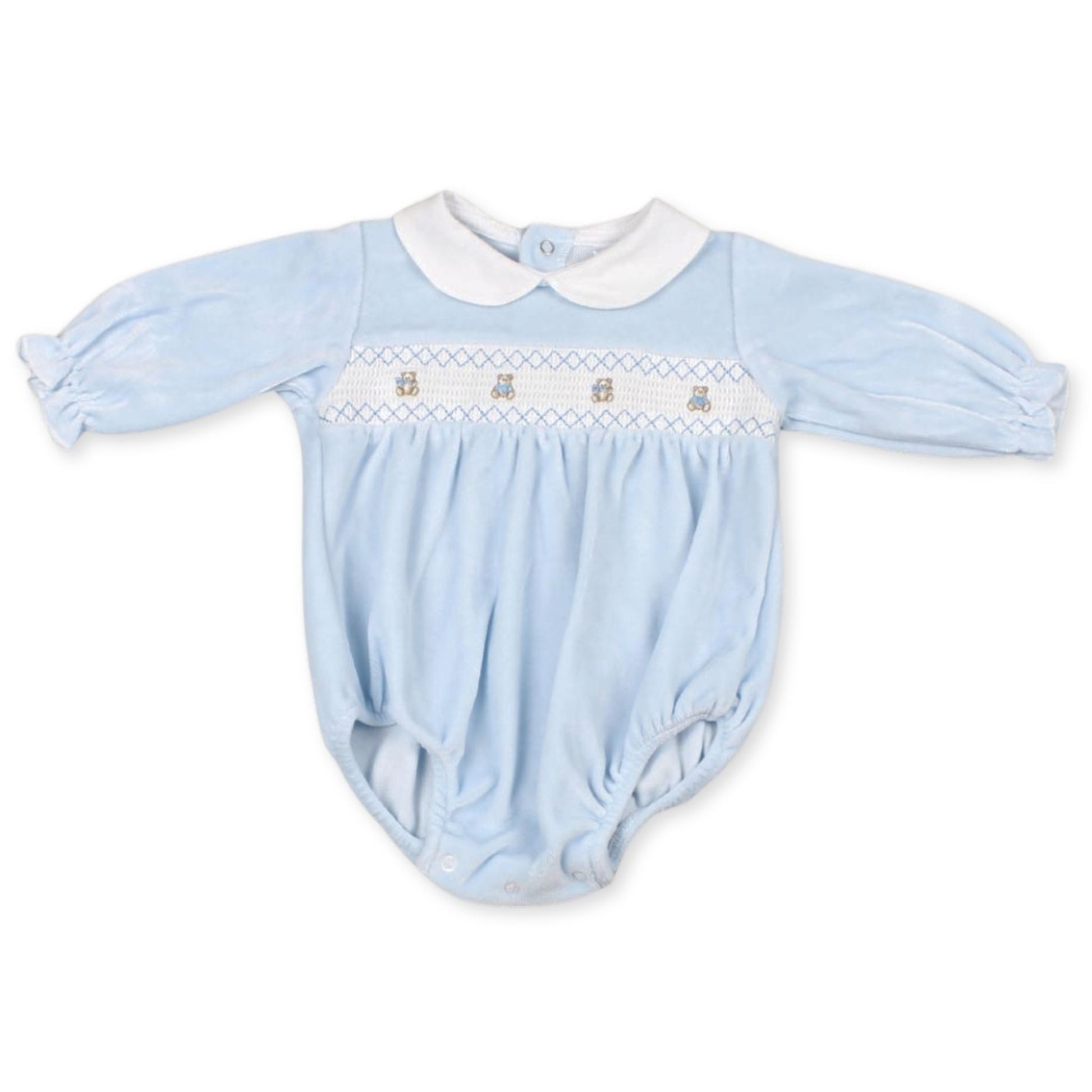 Light blue baby romper with white collar