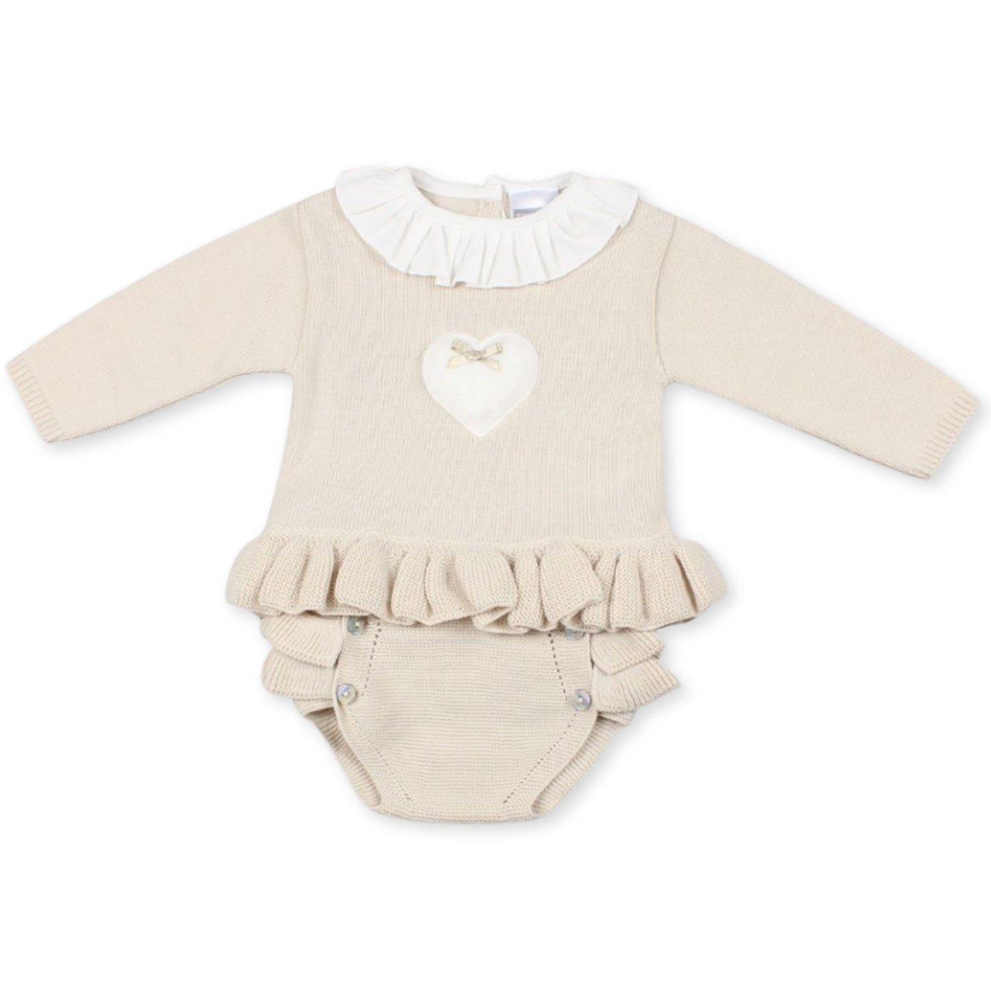 Beige baby romper with ruffled details pex 